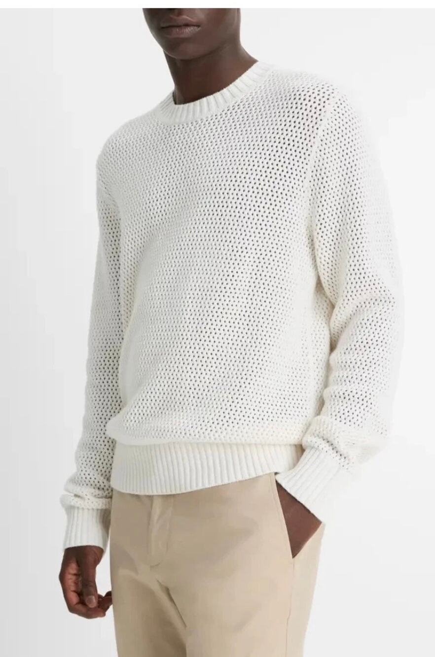 NWT Vince Chunky Open Knit White Crewneck Classic Cotton Sweater Large